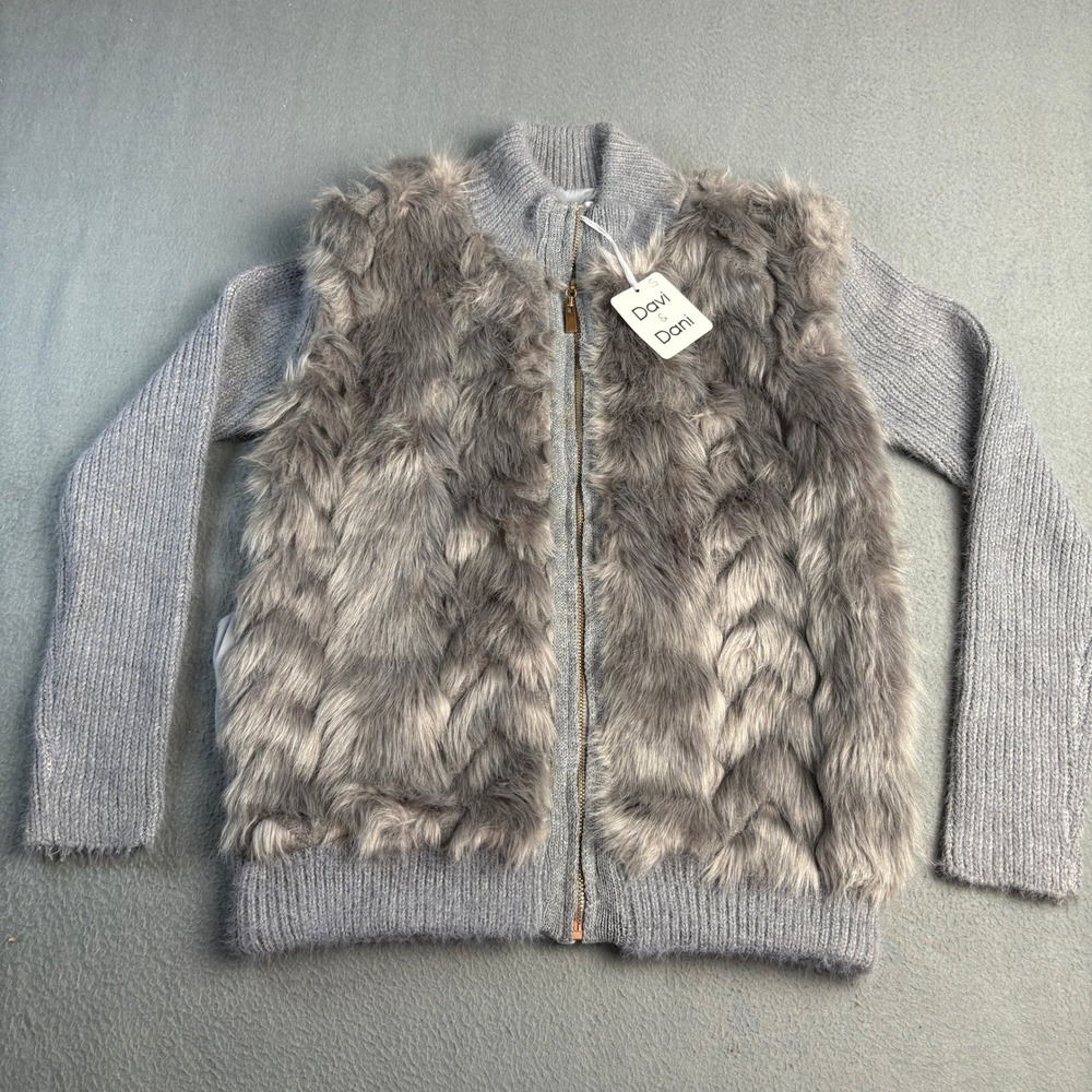Davi & Dani Grey Faux Fur Zip Front Knit Cardigan Sweater Mock Neck Womens Small